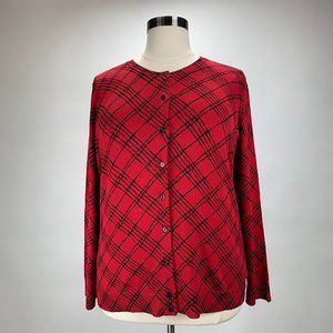 Cardigan Sweater Red Plaid Log Sleeves Button Up
